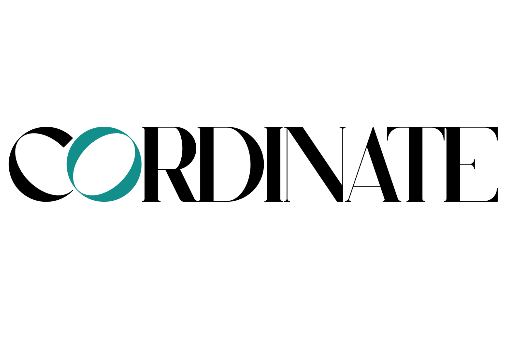 The CORDINATE logo is displayed horizontally on a solid white background. The word 'CORDINATE' is written in a bold, black serif font, with the letter 'O' stylized as a teal-colored overlapping circle.